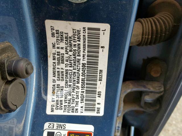 1HGFA16568L004596 - 2008 HONDA CIVIC LX BLUE photo 10