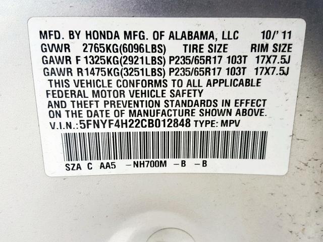 5FNYF4H22CB012848 - 2012 HONDA PILOT LX SILVER photo 10