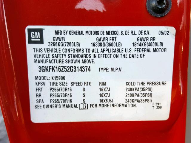 3GKFK16Z52G314374 - 2002 GMC YUKON XL K RED photo 10