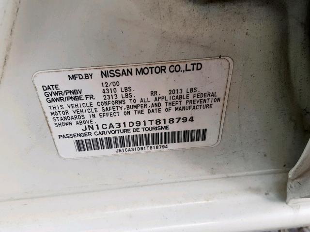 JN1CA31D91T818794 - 2001 NISSAN MAXIMA GXE WHITE photo 10