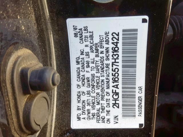 2HGFA16557H316422 - 2007 HONDA CIVIC LX BLACK photo 10