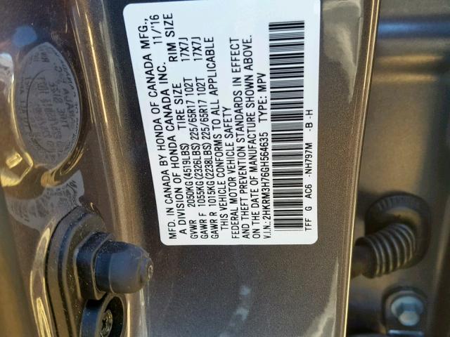 2HKRM3H76GH564635 - 2016 HONDA CR-V EXL CHARCOAL photo 10