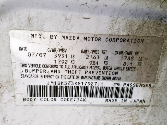 JM1BK323X81792711 - 2008 MAZDA 3 S WHITE photo 10