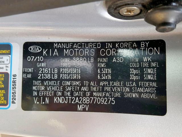 KNDJT2A28B7709275 - 2011 KIA SOUL + SILVER photo 10