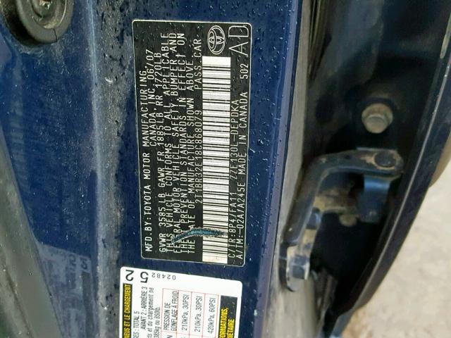 2T1BR32E18C868079 - 2008 TOYOTA COROLLA CE ლურჯი ფოტო 10