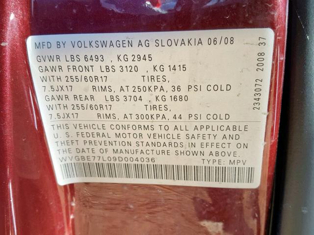 WVGBE77L09D004036 - 2009 VOLKSWAGEN TOUAREG 2 RED photo 10
