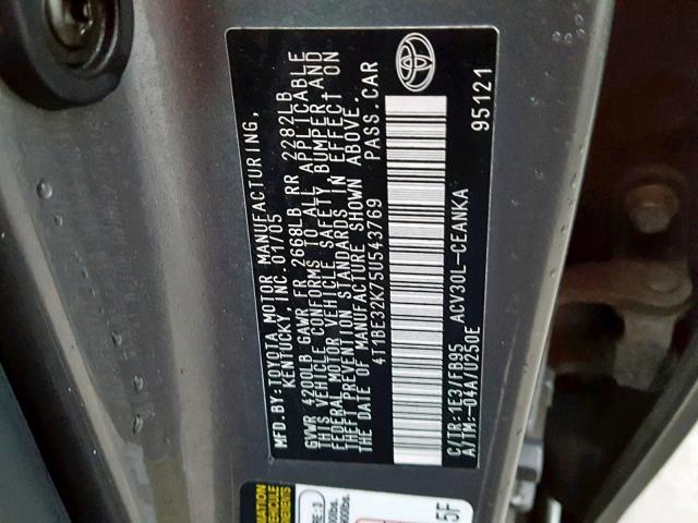 4T1BE32K75U543769 - 2005 TOYOTA CAMRY LE CHARCOAL photo 10