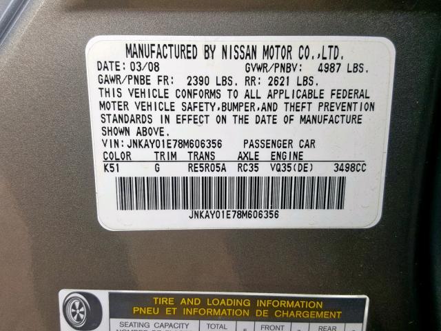 JNKAY01E78M606356 - 2008 INFINITI M35 BASE GRAY photo 10