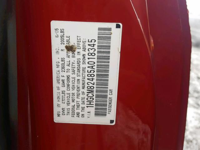 1HGCM82485A018345 - 2005 HONDA ACCORD SE RED photo 10