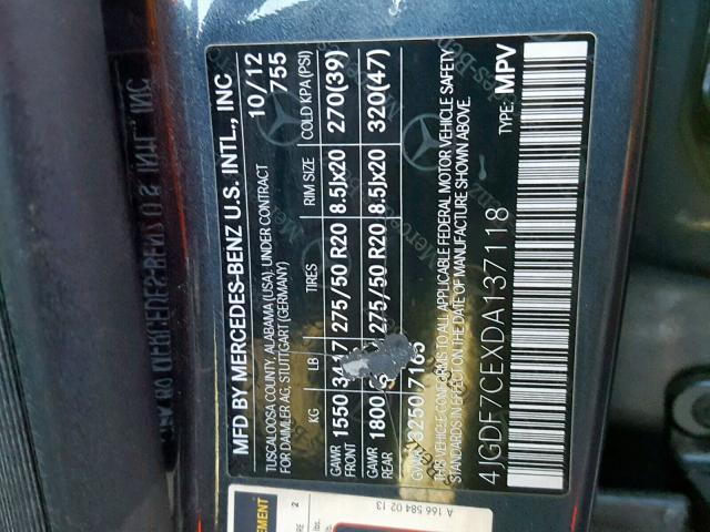 4JGDF7CEXDA137118 - 2013 MERCEDES-BENZ GL 450 4MA Mavi foto 10