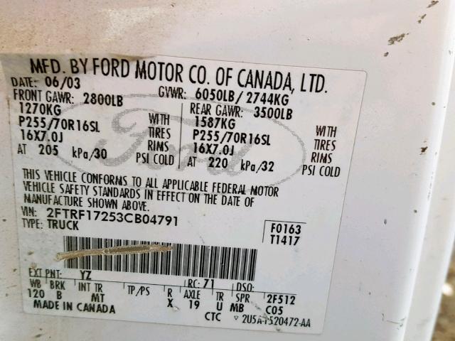 2FTRF17253CB04791 - 2003 FORD F150 WHITE photo 10