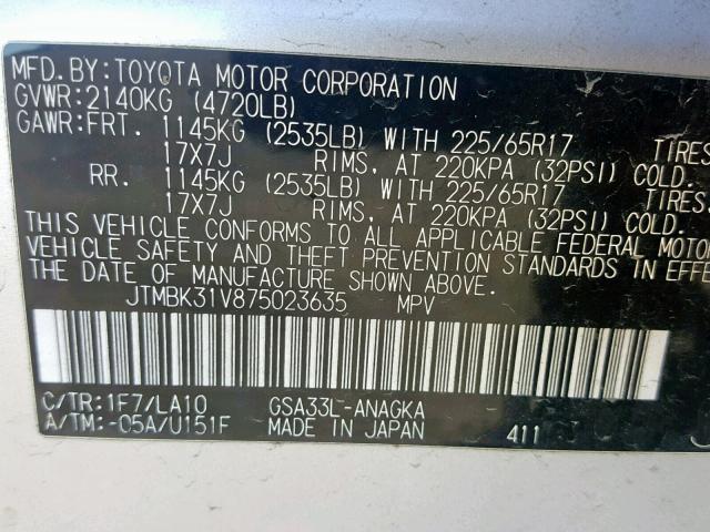 JTMBK31V875023635 - 2007 TOYOTA RAV4 LIMIT GRAY photo 10