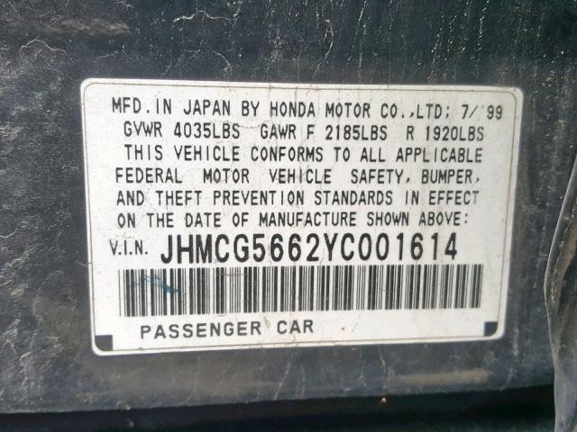 JHMCG5662YC001614 - 2000 HONDA ACCORD BLACK photo 10