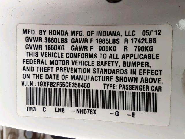 19XFB2F55CE356460 - 2012 HONDA CIVIC LX 白色 照片 10