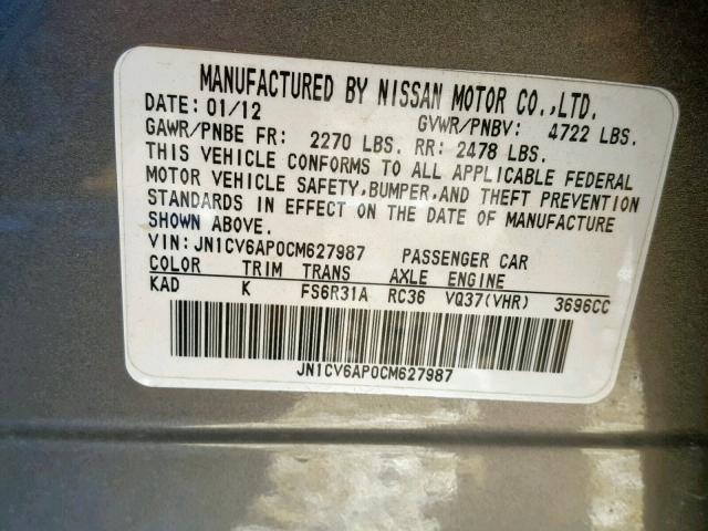 JN1CV6AP0CM627987 - 2012 INFINITI G37 BASE SILVER photo 10