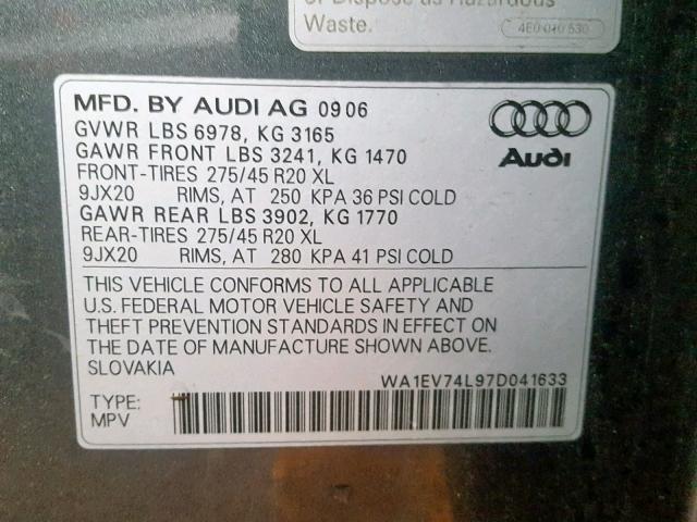 WA1EV74L97D041633 - 2007 AUDI Q7 4.2 QUA GRAY photo 10