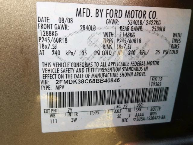 2FMDK38C68BB40846 - 2008 FORD EDGE SEL SILVER photo 10