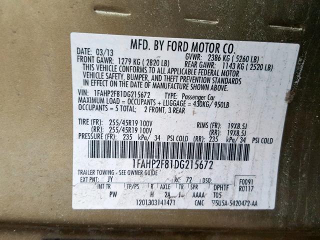 1FAHP2F81DG215672 - 2013 FORD TAURUS LIM GREEN photo 10