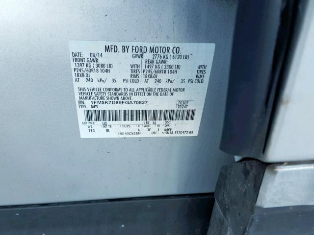 1FM5K7D89FGA70827 - 2015 FORD EXPLORER X SILVER photo 10