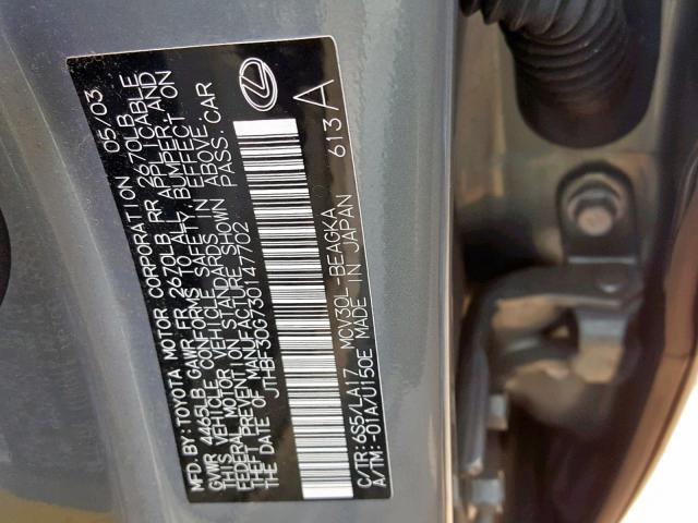 JTHBF30G730147702 - 2003 LEXUS ES 300 GREEN photo 10