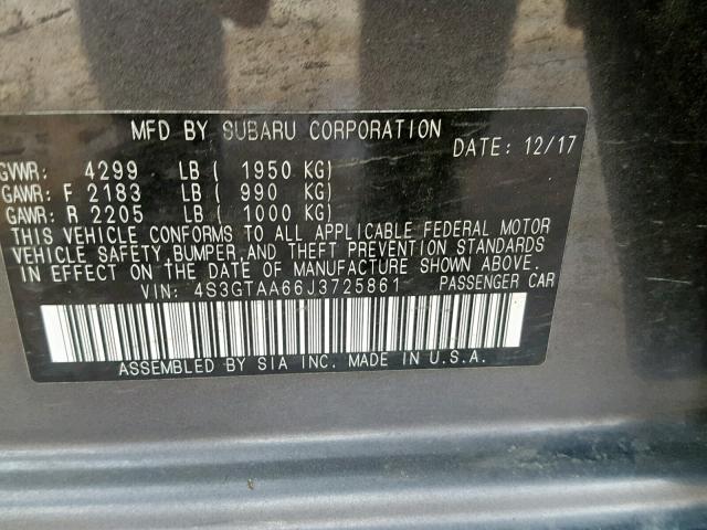 4S3GTAA66J3725861 - 2018 SUBARU IMPREZA GRAY photo 10