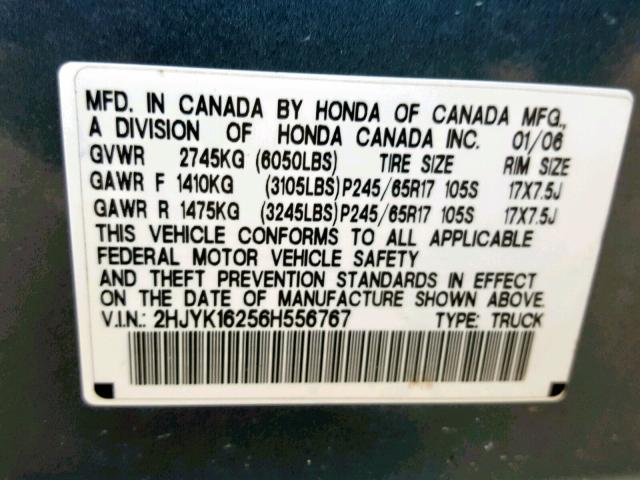 2HJYK16256H556767 - 2006 HONDA RIDGELINE BLUE photo 10