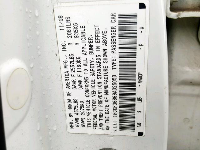 1HGCP36869A025050 - 2009 HONDA ACCORD EXL WHITE photo 10