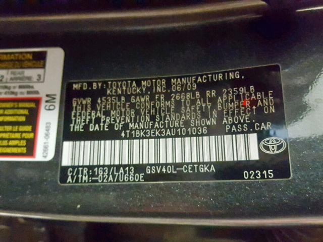 4T1BK3EK3AU101036 - 2010 TOYOTA CAMRY SE GRAY photo 10