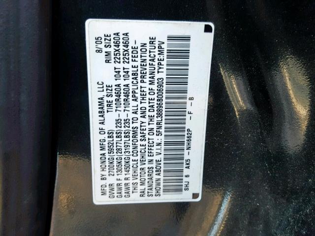 5FNRL38896B006903 - 2006 HONDA ODYSSEY TO GREEN photo 10