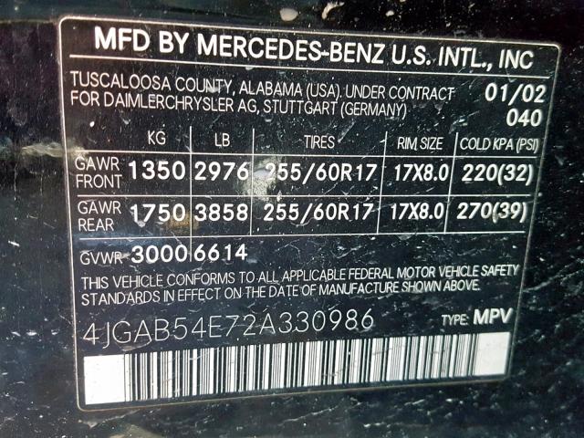 4JGAB54E72A330986 - 2002 MERCEDES-BENZ ML 320 BLACK photo 10