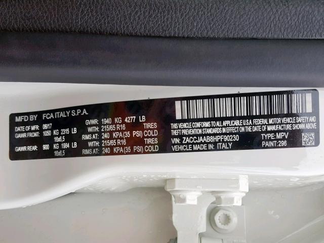 ZACCJAAB8HPF90230 - 2017 JEEP RENEGADE S Սպիտակ լուսանկար 10