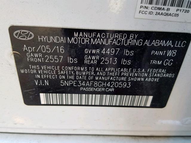 5NPE34AF8GH420593 - 2016 HYUNDAI SONATA SPO WHITE photo 10