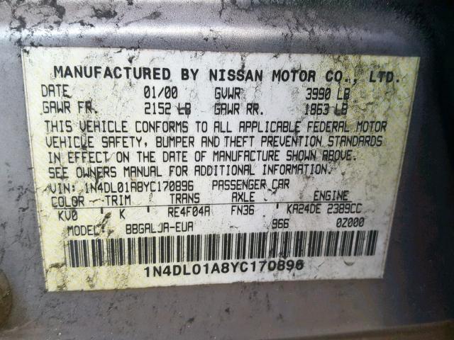 1N4DL01A8YC170896 - 2000 NISSAN ALTIMA XE SILVER photo 10