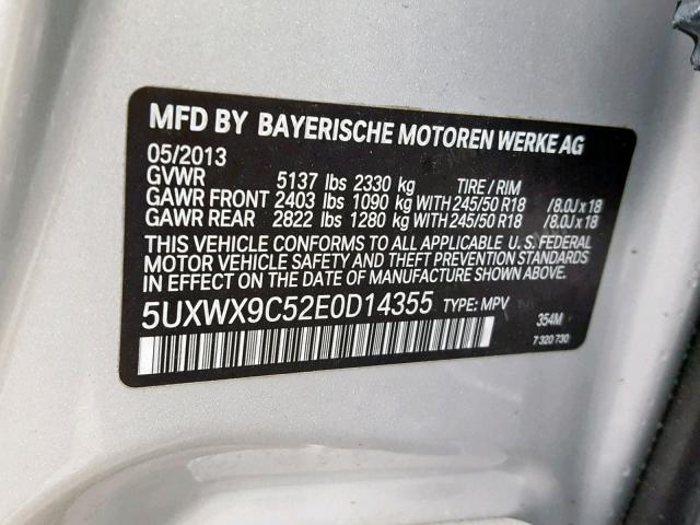 5UXWX9C52E0D14355 - 2014 BMW X3 XDRIVE2 ვერცხლისფერი ფოტო 10