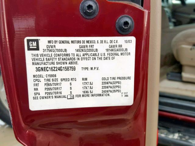 3GNEC16Z24G158759 - 2004 CHEVROLET SUBURBAN C RED photo 10