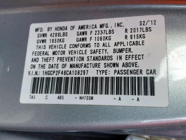 1HGCP2F48CA108297 - 2012 HONDA ACCORD LXP SILVER photo 10