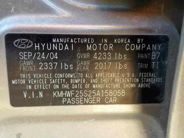 KMHWF25S25A158058 - 2005 HYUNDAI SONATA GL GOLD photo 10