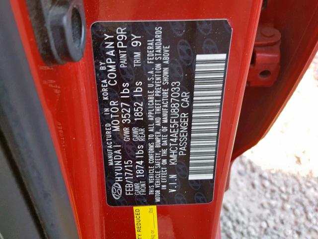 KMHCT4AE5FU887033 - 2015 HYUNDAI ACCENT GLS RED photo 10