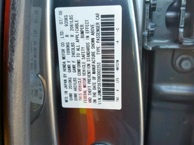 JHMCP26709C002253 - 2009 HONDA ACCORD EX GRAY photo 10