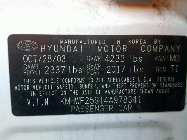 KMHWF25S14A978341 - 2004 HYUNDAI SONATA GL WHITE photo 10