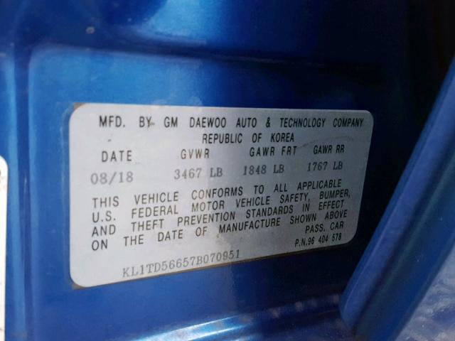 KL1TD56657B070951 - 2007 CHEVROLET AVEO BASE Көк фото 10