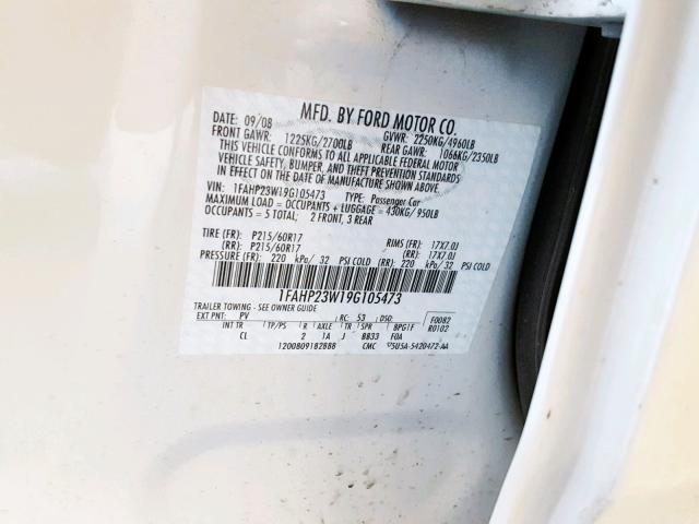 1FAHP23W19G105473 - 2009 FORD TAURUS SE WHITE photo 10