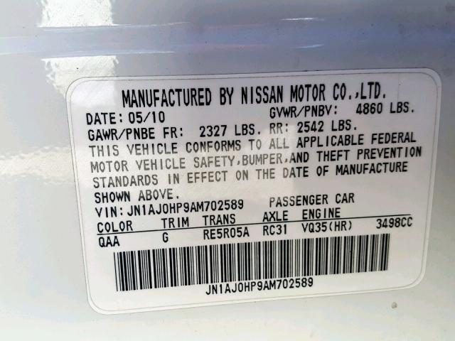 JN1AJ0HP9AM702589 - 2010 INFINITI EX35 BASE WHITE photo 10