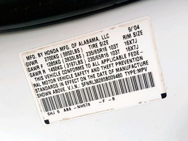 5FNRL38285B009480 - 2005 HONDA ODYSSEY LX WHITE photo 10