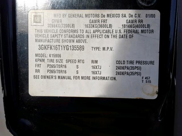 3GKFK16T1YG135589 - 2000 GMC YUKON XL K BLACK photo 10