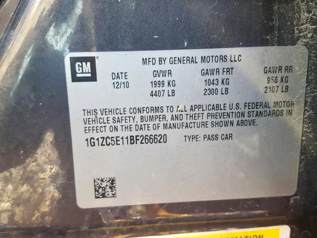 1G1ZC5E11BF266620 - 2011 CHEVROLET MALIBU 1LT GRAY photo 10