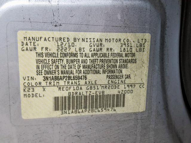 3N1AB6AP2BL659476 - 2011 NISSAN SENTRA 2.0 SILVER photo 10