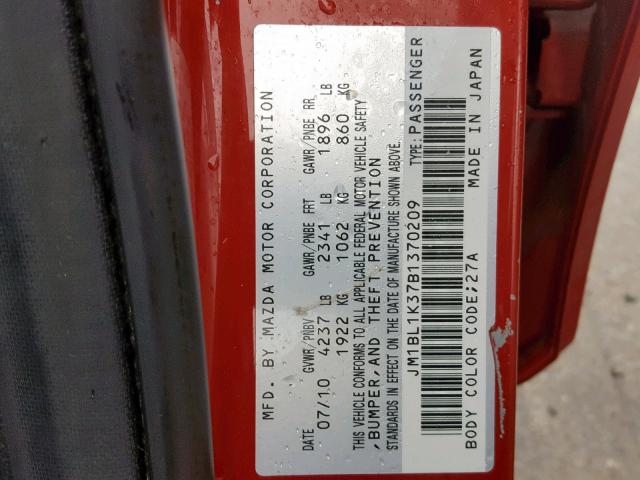 JM1BL1K37B1370209 - 2011 MAZDA SPEED 3 RED photo 10