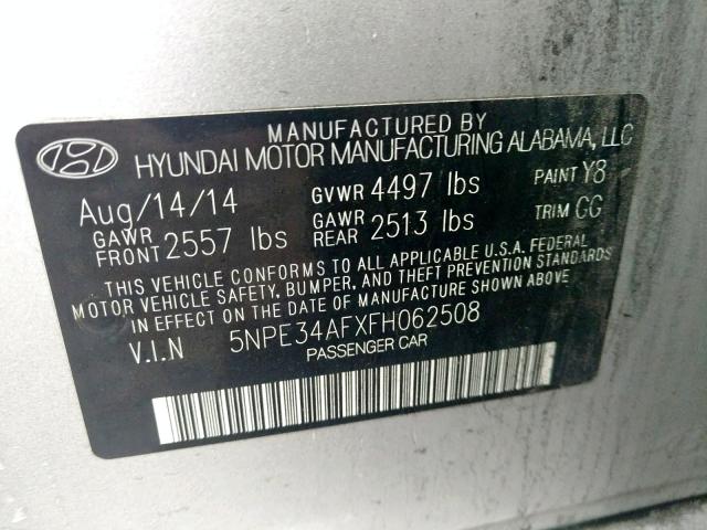 5NPE34AFXFH062508 - 2015 HYUNDAI SONATA SPO SILVER photo 10