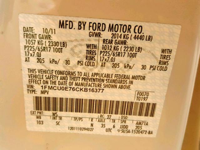 1FMCU0E76CKB16377 - 2012 FORD ESCAPE LIM WHITE photo 10